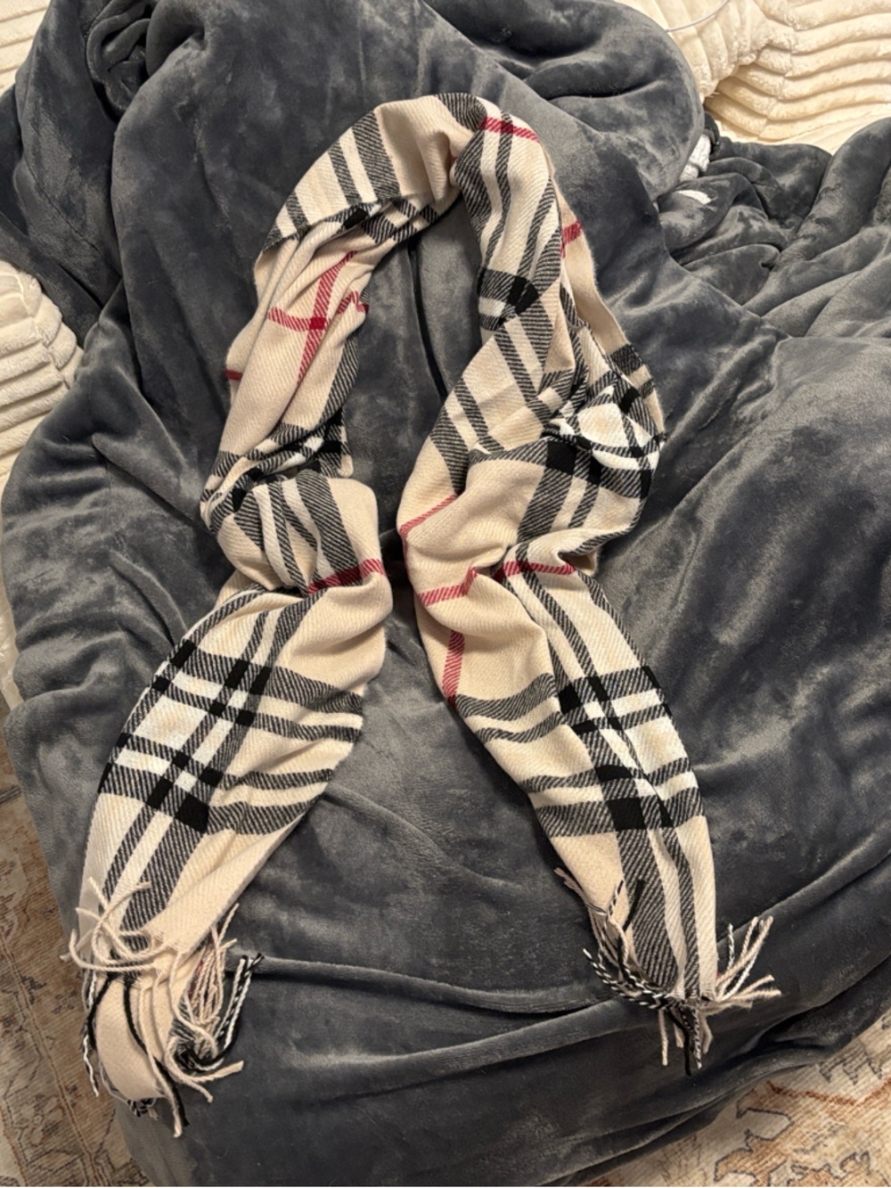 Classic, Tartan Plaid Fringe Scarf in Beige, Black & Red
